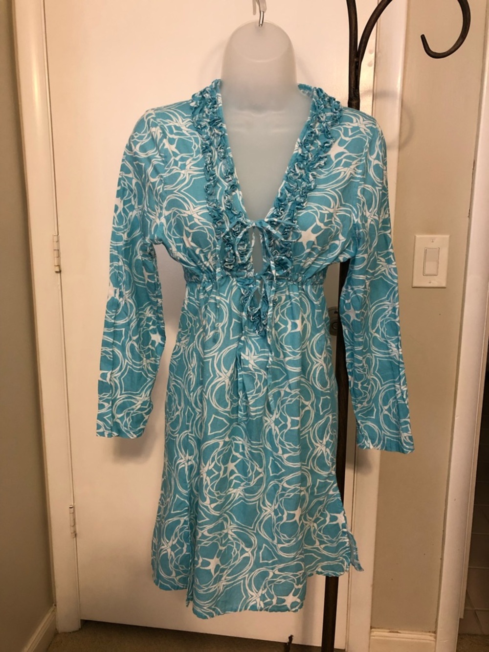 Mud Pie Turquoise & White Floral-Print Dress/Beach Cover-up